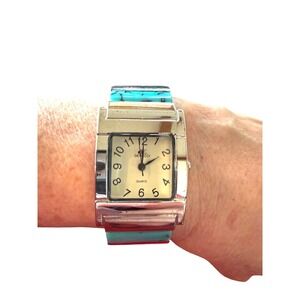 Delacci Turquoise Stretch Band Watch Square Face Quartz Silver Tone Boho